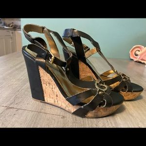 G by Guess strappy black cork wedge